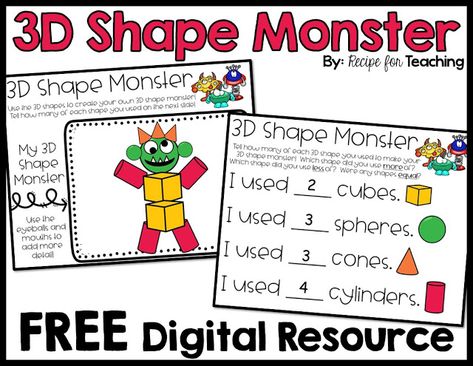 3d Shapes Lesson, 3d Shapes Kindergarten, Shape Monster, Shape Activities Kindergarten, 3d Shapes Activities, Shapes Lessons, Year 1 Maths, Math Tubs, 1st Grade Ideas