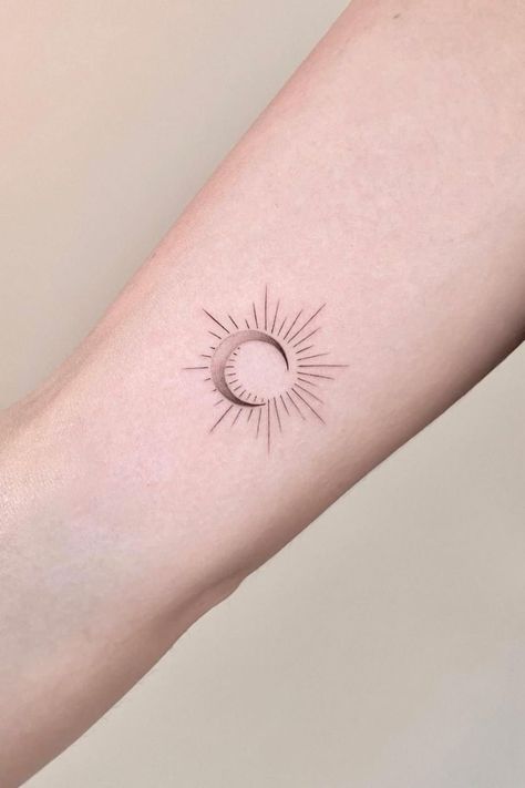 Sun Moon Star Fine Line Tattoo, Fine Line Moon And Sun Tattoo, Wholeness Tattoo, Sun Moon Fine Line Tattoo, Daisy Moon Tattoo, Sun And Moon Fine Line, Sun And Moon Tattoo Arm, Fine Line Sun And Moon Tattoo, Moon Tattoo Arm