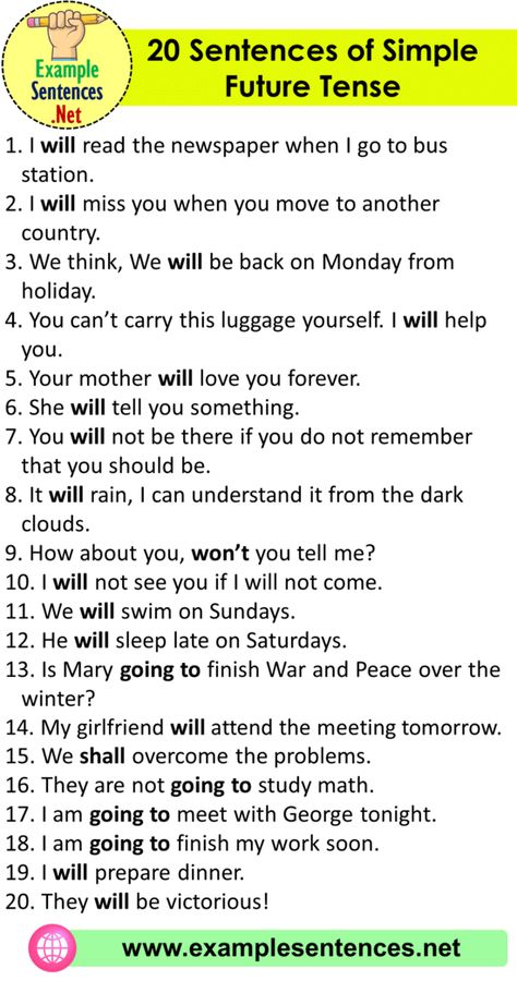 20 Sentences of Simple Future Tense Examples, 20 Sentences in Simple Future Tense - Example Sentences Simple Future Tense Sentences, Tenses Sentences, Future Tense Examples, Future Simple Tense, Simple Future Tense, 12 Tenses, Building Sentences, 30 Day Writing Challenge, English Grammar Notes