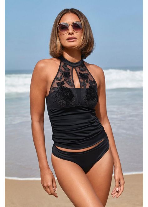 High-neck Embroidered Mesh Two-piece Tankini Swimsuit | Boston Proper Full Coverage Tankini, Fringe Bathing Suit, Swimwear 2022, Swimwear 2021, Summer Bathing Suits, High Neck Swimsuits, Tankini Swimsuit, Boston Proper, Tankini Set