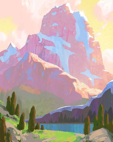 Pink mountain 2/2 #pink #mountain Pink Drawing, Mountain Aesthetic, Pink Mountains, Fantasy World Map, Mountain Drawing, Mountain Illustration, Colorful Mountains, Canvas Art Projects, Bug Art