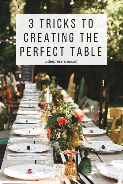 3 Tricks to Creating the Perfect Table — ciderpress lane Graduation Dinner Table Ideas, Outdoor Dinner Party Table, Graduation Banquet, Lunch Table Settings, Dinner Table Set Up, Dinner Party Centerpieces, Dinner Party Tablescapes, Night Birthday Party, Backyard Dinner Party