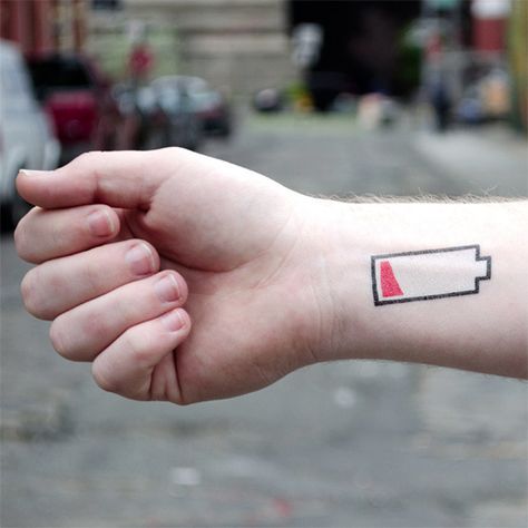 Low Battery Temporary Tattoo Battery Tattoo, Racing Wallpaper, Christoph Niemann, Sharpie Tattoos, Leather Travel Wallet, Temp Tattoo, Low Battery, Fake Tattoos, Creative Tattoos