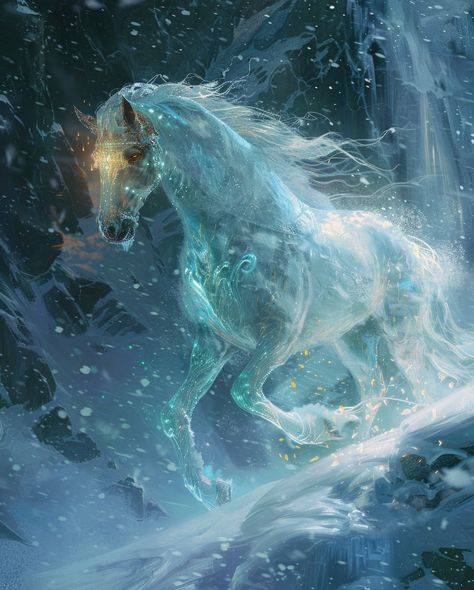 The Frost Horse —————————————————————————————The Frost Horse, a majestic creature of the frozen mountains, embodies the pure essence of ice and snow. With a shimmering mane that flows like frozen rivulets and hooves that sparkle like polished diamonds, this ethereal steed traverses frost-laden landscapes with graceful agility. Its eyes, glowing with a pale gold luminescence, pierce through the darkest nights, guiding lost travelers to safety. The Frost Horse possesses the ability to manipulat... Frost Illustration, Ice Creature, Ice Animals, Snow Horse, Eyes Glowing, Horses Art, Magical Horses, Horse Mane, Horse Ideas