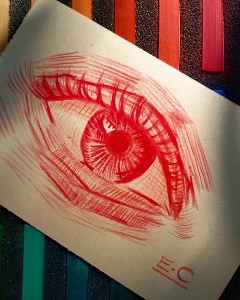 Red Eyes Art Drawing, Drawing With Red Pencil, Apple Of My Eye Drawing, Red Pencil Drawings, Red Pencil Sketch, Red Drawings Aesthetic, Red Eye Drawing, Red Pen Sketch, Red Pen Drawings