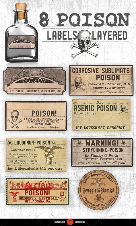 8 Editable, Layered Poison Labels by scarab13 Vintage style Poison labels, layered and ready for your next project. To use, just move things around and re-type text as needed. Vintage Poison Labels, Vintage Bottle Labels, Old Labels, Poison Bottle Labels, Poison Label, Vintage Food Labels, Scary Quotes, Poison Bottle, Potion Labels