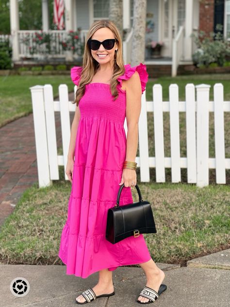 Hill House smocked dress, Christian Dior sandals / slides and Balenciaga hourglass bag in small Christian Dior Slides Outfit, Christian Dior Sandals Outfit, Dior Slides Outfit, Pink Slides Outfit, Dior Sandals Outfit, Christian Dior Slides, Christian Dior Sandals, Balenciaga Hourglass Bag, Dior Slides