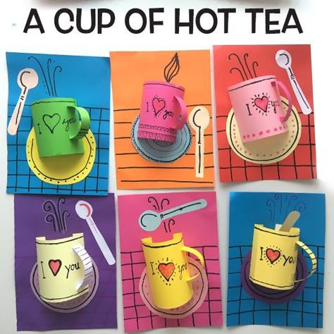 A cup of hot tea Art With Paper Cups, Paper Cup Drawing, Teacup Art Project, How To Make Paper Tea Cups, Tea Cup Art Work, Valentine Art Projects, Tea Crafts, Winter Art Lesson, Kindergarten Art Projects