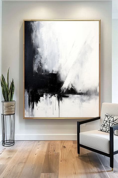 Original handmade black and white abstract painting with bold brushstrokes and dramatic contrasts, customizable for modern home decor Black And White Watercolor Painting, Hatch Art, White Abstract Wall Art, Painting Black And White, Abstract Art Diy, White Crosses, Black And White Abstract, Minimalist Interior, Abstract Canvas Art