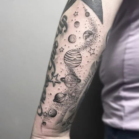 44 Bewildering Galaxy Tattoo Designs To Swagger In 2023 Space Arm Tattoo, Galaxy Tattoo Sleeve, Space Tattoo Sleeve, Outer Space Tattoos, Tattoos Floral, Planet Tattoo, Cosmic Tattoo, Universe Tattoo, Girl Arm Tattoos