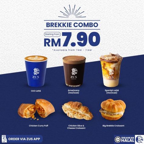 ZUS Coffee Breakfast Brekki Combo starting from RM7.90 Promotion Coffee Menu Photography, Breakfast Promotion Design, Cafe Promotion Poster, Coffee Promotion Ideas, Free Coffee Poster, Food Combo Poster, Combo Menu Design, Cafe Breakfast Menu Ideas, Coffee Shop Promotion Ideas