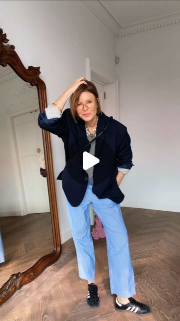 Denise Boomkens on Instagram: "From skin to second skin today. I love dressing up! My style? Easygoing casual with a touch of eclectic color here and there. I love my versatile wardrobe that has something for every mood or vibe.   I can switch from casual to minimalist to feminine to chic to funky in a week, depending on my mood.   Today’s fit might be one of my favorite styles. A comfy pair of pants, preferably joggers or cotton pants, a tank top, a soft cardigan, an oversized blazer, sneakers, and some accessories.  This outfit is entirely from @americanvintage_officiel except for the @adidasoriginals Samba sneakers and the @marimekko bag. Oh, and the lingerie is @doralarsenlingerie ❤️  Have a lovely day darlings!  #styleover40 #fashionover40 #over40fashion #fashionstyle #outfitoftheday Oversized Knitted Cardigan For Layering, Trendy Oversized Cardigan For Layering, Casual Oversized Turtleneck Cardigan, Versatile Oversized Cardigan For Layering, Chic Oversized Everyday Cardigan, Blazer Sneakers, Denise Boomkens, Oversized Cardigan Outfit, My Mood Today