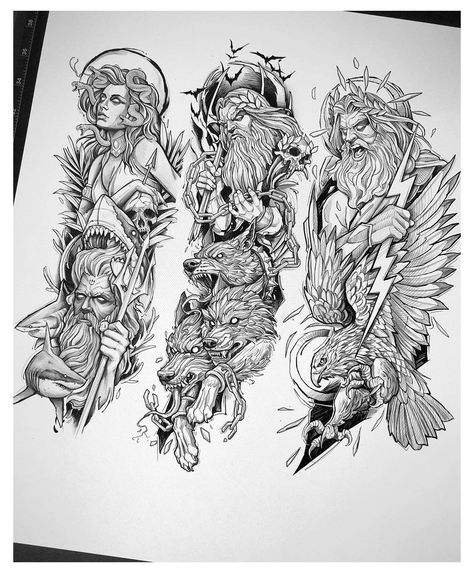 Greek Mythology Sleeve, Tatuaje Studio Ghibli, Hades Tattoo, Greek God Tattoo, Poseidon Tattoo, Zeus Tattoo, Egyptian Tattoo Sleeve, Half Sleeve Tattoos Drawings, Ghibli Tattoo