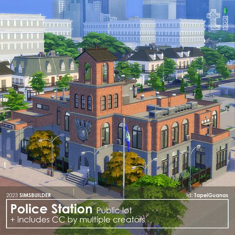 Police station. Public area. Three-story house + basement. Plot size: 40x30. Includes CC. Download link in biо. 🍒My ID in the game: TapeiGuanas #thesims4 #ts4 #ts4cc #ts4mm #ts4lots #ts4interiors #ts4build #sims4 #sims4interior #sims4build #sims4lot Sims Police Cc, Sims 4 Police Station, House Basement, Three Story House, Sims Inspiration, San Myshuno, Basement House, Sims 4 Build, Police Station