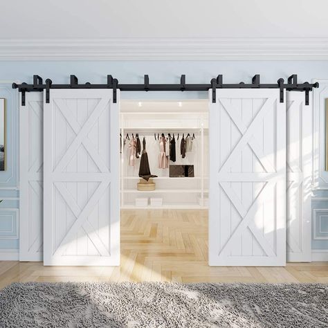 Amazon.com: ZEKOO 9 FT Double Track Bypass Barn Door Hardware 4 Door Rustic Style Use for Third Doors Steel Set : Tools & Home Improvement Bypass Barn Door Hardware, Bypass Barn Door, Bifold Barn Doors, Barn Door Handles, Double Barn Doors, Sliding Barn Door Hardware, Barn Doors Sliding, Sliding Barn Door, Barn Door Hardware