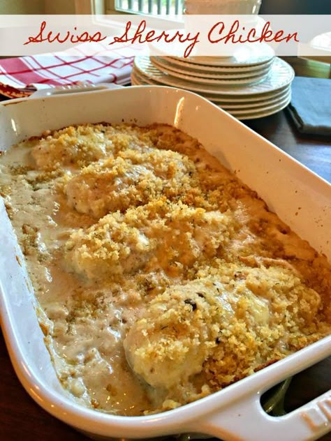 SWISS SHERRY CHICKEN (EASY)  - Chicken breasts covered in Swiss cheese, smothered in a delicious sherry mushroom sauce, topped with Panko bread crumbs then baked to perfection. Chicken is moist and tender, absolutely delicious!! #SwissChicken #SherryChicken  #BakedChicken #Maindish #Recipe Sherry Chicken, Cooking Wine Recipes, Sherry Recipes, Saucy Chicken, Swiss Chicken, Ritz Cracker Chicken, Cracker Chicken, Chick Flick, Chicken Casserole Easy