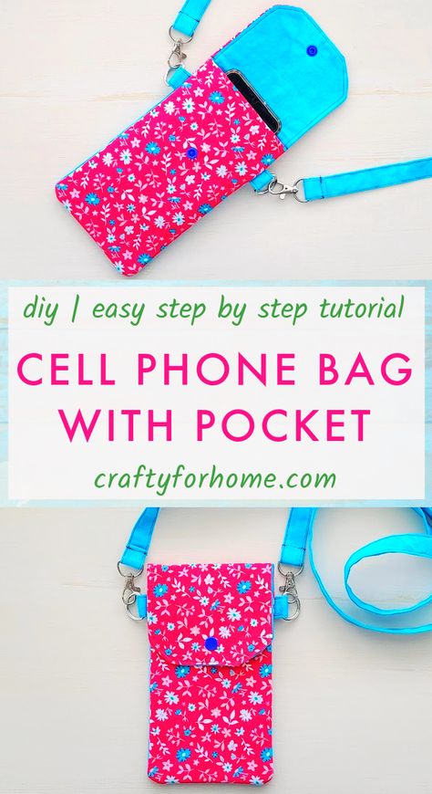 Pink and blue fabric for cell phone bag with pocket and strap. Diy Phone Pouches, Diy Phone Bag, Cell Phone Holder Diy, Phone Purse Pattern, Phone Bag Diy, Crossbody Bag Tutorial, Pouch Ideas, Phone Bag Pattern, Cross Body Bag Pattern