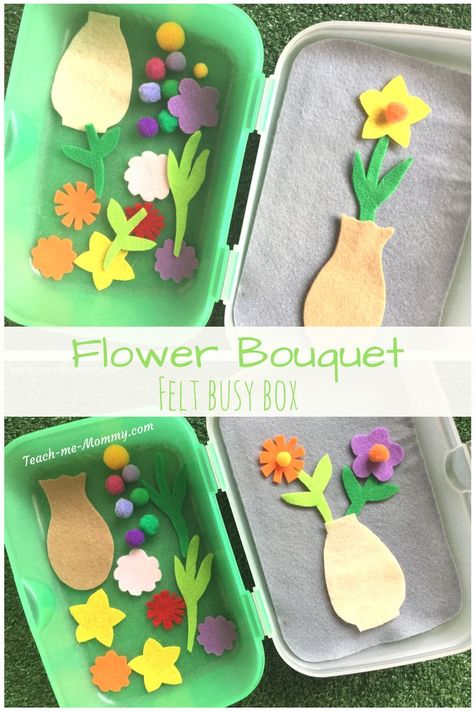 Flower bouquet busy box for preschoolers. Make A Flower Bouquet, Quiet Time Boxes, Quiet Time Activities, Busy Boxes, Quiet Activities, Spring Preschool, Daycare Activities, Busy Bags, Spring Activities