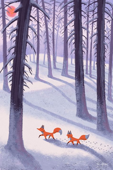 Winter Fox Illustration, Christmas Animal Art, Christmas Fox Wallpaper, Winter Fox Painting, Trail Illustration, Fox In The Snow, Two Foxes, Snow Illustration, Episode Interactive Backgrounds