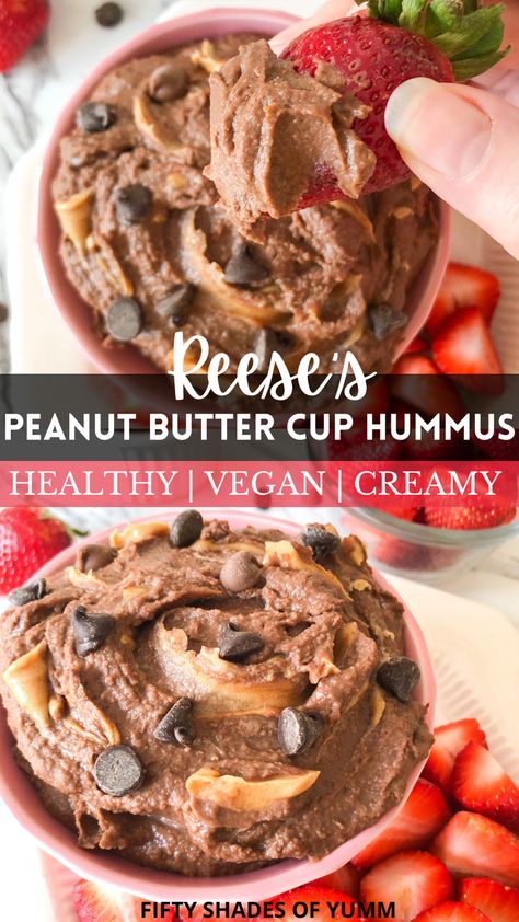 Dark chocolate and peanut butter hummus with strawberries and chocolate chips on top Vegan Dessert Hummus, Chocolate Peanut Butter Hummus, Homemade Dessert Hummus, Hummus Dessert Recipes, Desert Hummus Recipe, Chocolate Hummus Snacks, Healthy Dessert Dip, Clean Healthy Snacks, Healthy Food Processor Recipes