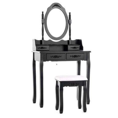 PRICES MAY VARY. MAKEUP VANITY-Black makeup table, 4 storage drawers, oval rotating mirror, a free cushioned stool. Perfect size for girls women, the best choice for your wife/daughter as a gift! MAKEUP VANITY WITH MIRROR-The mirror can be 360° spinning and adjusted to your preference, and the top part of the dressing table is detachable VANITY WITH STORAGE-4 drawers and large table surface give you enough space to store all your things, a drawer with a divider to place your items more neatly VA Makeup Vanity Gothic, Oval Mirror Bedroom, Black Makeup Table, Wood Makeup Table, Gothic Vanity, Black Bedroom Sets, Bedroom Vanity Set, White Bedroom Set, Vanity Makeup Table