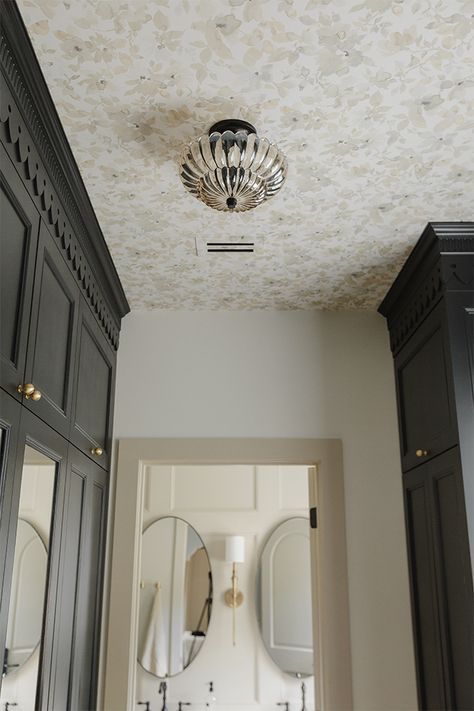 The Big Closet Reveal - Jenna Sue Design Blog Blue Master Closet, Victorian Closet Ideas, Closet Wallpaper Ceiling, Closet Ceiling Wallpaper, Master Closet Wallpaper, Vintage Closet Ideas, Wallpaper Closet Ideas, Closet Flooring Ideas, Walk In Closet Wallpaper