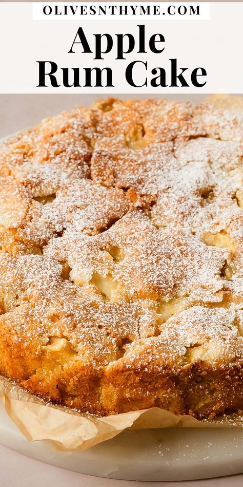 French apple cake is a sweet and buttery rum cake filled with chunks of tart apples. It has a wonderfully soft and moist crumb, with a flaky golden brown crust, topped with a light dusting of powdered sugar. This traditional apple rum cake is French simplicity at it’s finest. French Apple Cake With Rum, Apple Rum Cake Recipe, Rum Apple Cake, Apple Bourbon Cake, Apple Rum Cake, Run Cake Recipe, Apple Chocolate Cake, Apple Jelly Cake, Rum And Raisin Cake