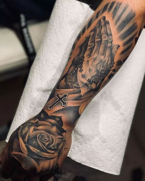 Forearm Tattoo Men Sleeve Meaningful, Hand Tattoos Cross, Arm Sleeve Tattoo For Men Unique, Tattoos For Family Meaningful, Christian Tattoo Ideas For Men, Tattoo Ideas For Men Hand, Forearm Tattoo Ideas For Men, Christian Tattoo Ideas, Tattoos Cross