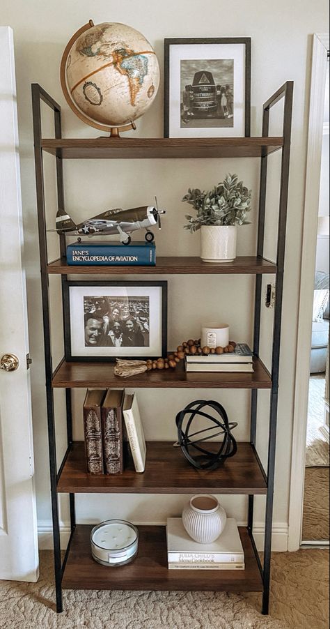 Bookshelf styling home decor interior design style house Work Shelves Decor, Simple Book Shelf Decor, Open Book Shelf Decor, Mens Office Bookshelf Decor, Man Shelf Decor, Decorative Book Shelves, Men’s Bookshelf Decor, Modern Rustic Shelf Decor, Book Shelf Office Ideas