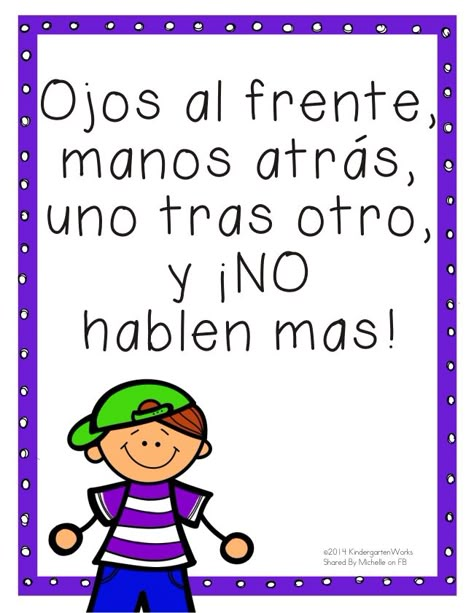 “It says, “Eyes to the front, hands behind [your back], one follows the other, and no more talking!””  Free hallway transition printable. Hallway Transitions, Dual Immersion Classroom, Bilingual Kindergarten, Transition Songs, Preschool Spanish, Listening Activities, Teaching Classroom Management, Spanish Lessons For Kids, Dual Language Classroom