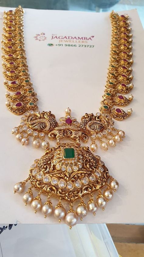 Mango Nakshi Haram, Peacock Long Haram Designs, Long Mango Haram Designs, New Gold Jewellery Designs Necklaces, Mango Chain Gold, Mango Haram Gold Jewellery Designs, Nakshi Mango Haram Designs, Nakshi Jewellery Long Haram, Mango Haaram Designs Gold