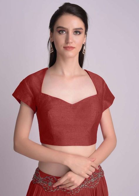 Maroon Blouse With Deep Sweet Heart Neck And Cap Sleeves Blouses Designs Latest, Rose Sleeve, Heart Blouse, Kalki Fashion, Cap Sleeve Blouse, Maroon Blouse, Latest Model Blouse Designs, Latest Blouse Designs, Cap Sleeves Blouse