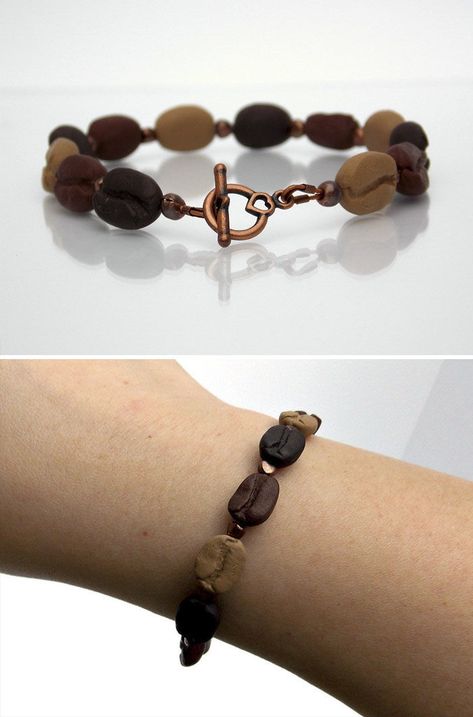 Beaded Bracelet With Handmade Coffee Bean Beads Coffee Bean Jewelry Diy, Wire Coffee Cup, Coffee Bean Bracelet, Coffee Bean Crafts, Coffee Bean Tattoo, Coffee Bean Coasters, Coffee Bracelet, Coffee Cup Candles, Coffee Gift Ideas