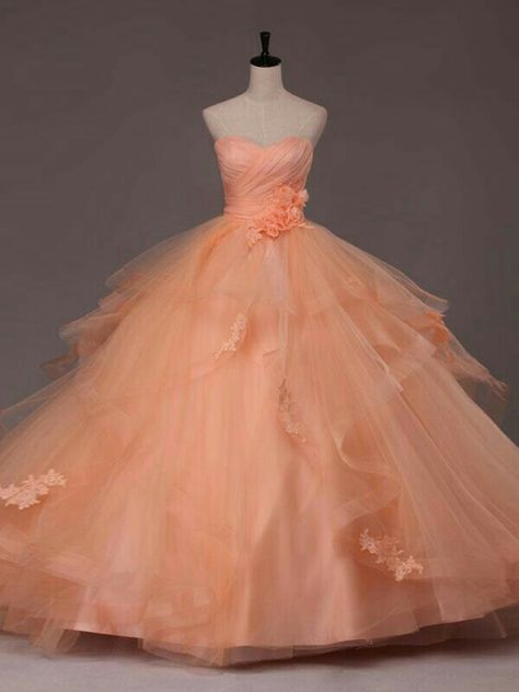 Peach Ball Gown, Orange Evening Dresses, Floor Length Wedding Dress, Oc Inspiration, Fashion Gowns, Princess Ball Gowns, Fairytale Dress, Idea Board, Big Art