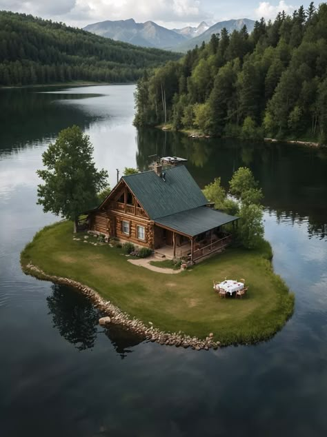 Private Island Retreat Lakeside House, Dreamy Cottage, House On The Water, No Man Is An Island, Dream House Aesthetic, Forest Lodge, Lakeside Cabin, Lakeside Cottage, Forest Cabin