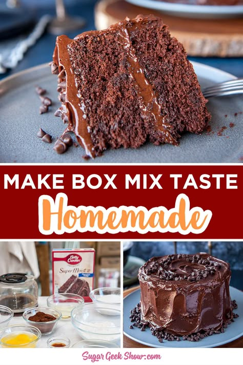 Not quite ready to bake from scratch but want your cake to taste homemade? Try doctoring your chocolate box mix with sour cream, coffee and butter! These added ingredients make your box mix taste so much better (almost like homemade) but just as easy as mixing up a box. #boxmix #chocolate #doctored #easy #cakemix #chocolatefrosting #baking Chocolate Cake Recipe With Box Cake, How To Make A Box Chocolate Cake Better, Chocolate Wasc Cake Recipe, Cakes Mix Recipes Boxed, Doctor Up Box Cake, Sprucing Up Box Cake, How To Make Chocolate Box Cake Mix Taste Homemade, How To Make Chocolate Box Cake Taste Like Bakery, How To Enhance A Chocolate Box Cake