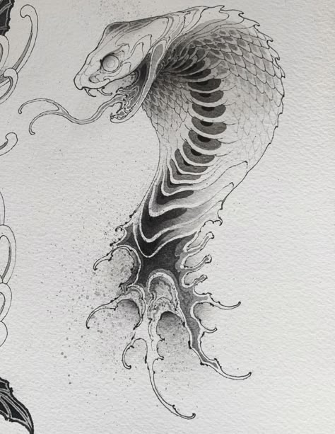 Snake Striking Drawing, Snake Hissing Tattoo, Snake Hissing Drawing, Snake Art Tattoo, Snake Head Drawing, Snake Sketch, Snake Heads, Japanese Snake Tattoo, Cobra Tattoo