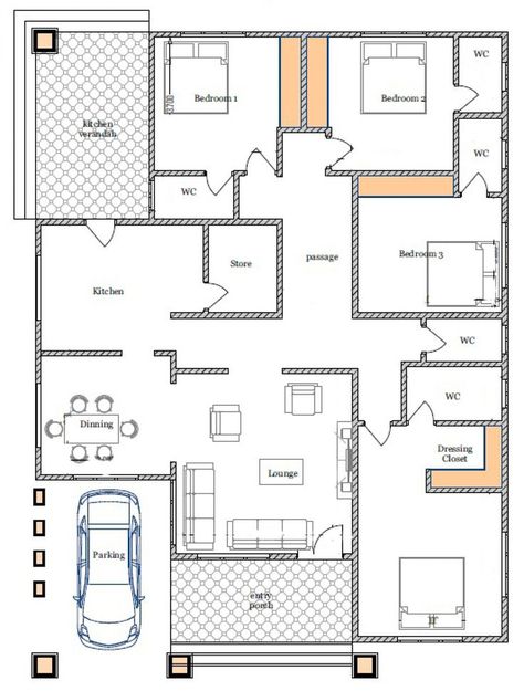 House Plan Id-17193, 3 Bedrooms, 2950+1467 Bricks And 113 Corrugates In 198 Bungalow House Floor Plans, Modern Bungalow House Plans, 4 Bedroom House Designs, 2bhk House Plan, Bungalow Floor Plans, Bungalow Style House Plans, Affordable House Plans, 4 Bedroom House Plans, House Floor Design