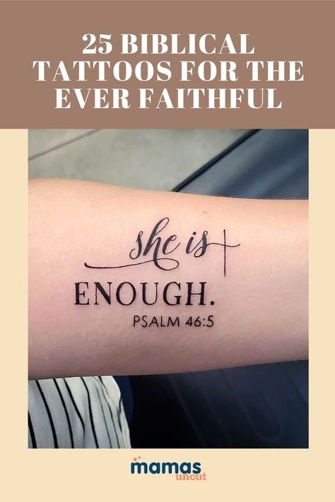 25 Biblical Tattoos Inspired by the Good Book Couples Tattoos Biblical, Christian Verses Tattoos, Bible Tattoo Ideas Female, Popular Bible Verse Tattoos, Biblical Tattoo Ideas Female, Overcomer Tattoos Women, Christian Spiritual Tattoos Meaningful, God Is My Strength Tattoo, Faith Inspired Tattoos