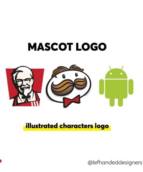 Mascot logos are basically mascots in a logo and which your customers can relate your brand and company to. These are illustrated characters done in their own fun way. Also, these logos are fun to look at and generally used for brands that are targeting families or kids. Some of the best examples of mascot logos are KFC, Pringles, and Android, which are shown below. Learn more about the types of logos here.  #logodesign #logo #logodesigners #designers #mascot #mascotlogo #logotype Brand Mascot Design, Mascot Branding, Types Of Logos, Brand Mascot, Illustrated Characters, Logo Guidelines, Logo Design Agency, Candy Logo, Mascot Logos