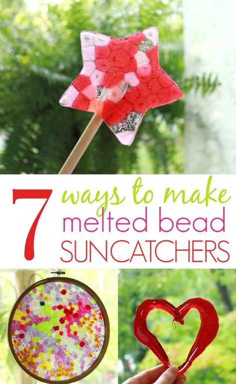 Make melted bead sun catchers and practice using a variety of fine motor skills! Homemade Suncatchers, Melted Bead Suncatcher, Bead Suncatchers, Melted Pony Beads, Melted Bead Crafts, Bead Suncatcher, Pony Bead Crafts, Melted Plastic, Melting Beads