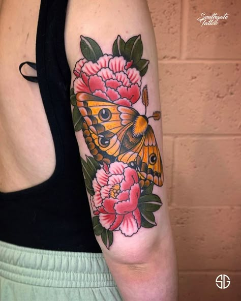 Full Color Sleeve, Mobile Tattoo, Yellow Moth, Traditional Back Tattoo, Moth Tattoos, Moth Tattoo Design, 2023 Tattoo, Traditional Tattoo Flowers, Bright Tattoos