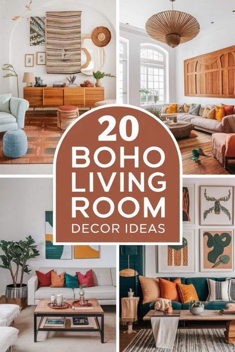 Collage of bohemian living room decor featuring natural textures and earthy tones, titled "20 Boho Living Room Decor Ideas". Boho Furniture Ideas, Boho Tv Room Decor, Pastel Boho Living Room, Gray Couch Boho Living Room, Boho Ranch Style Decor, Decorating With Macrame, Living Room Decor Apartment Ideas, Colorful Interiors Living Room, Warm Boho Living Room