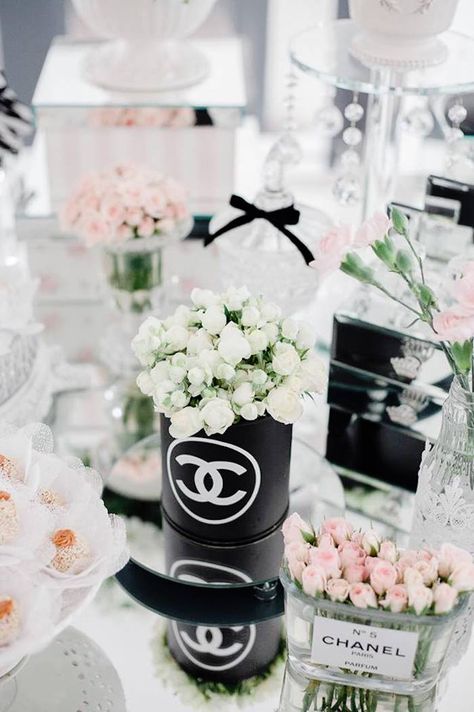 Floral Arrangements from a Chanel Inspired Birthday Party via Kara's Party Ideas | KarasPartyIdeas.com (28) Coco Chanel Party, Luxury Birthday Party, Chanel Birthday Party, Chanel Birthday, Chanel Decor, Chanel Party, Luxury Birthday, Mode Chanel, Chanel Inspired