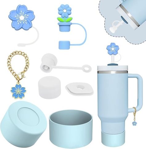 Amazon.com: Stanley Cup Accessories Set,Including 2 Pcs 0.4in Straw Cover, 1 Silicone Spill-Proof Stopper Set of 3, 1 Cute Flower Handle Charm, 1 Silicone Boot Fits Stanley 40&30 Oz Tumbler (Blue) : Home & Kitchen Cute Stanley, Cute Dishes, Hello Kitty Room Decor, Boot Fits, Straw Cover, Stanley Cups, Accessories Blue, Cup Accessories, Silicone Cups