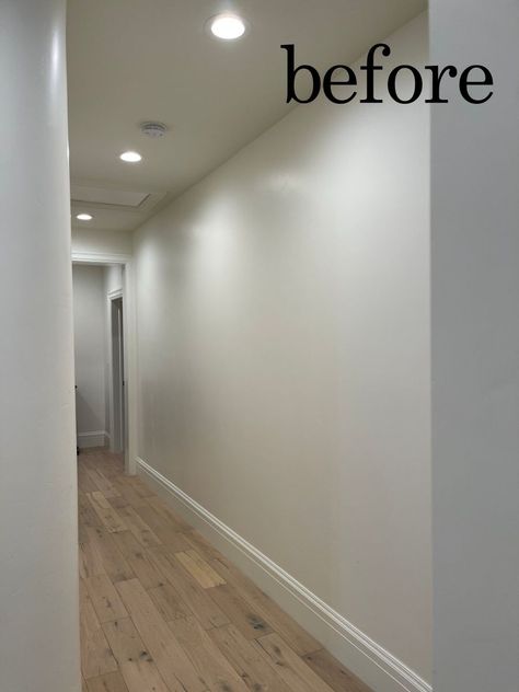 From drab to fab! Witness a hallway's total transformation into a design showstopper! Get inspired to revamp your own space. Easy Wall Trim, Craftsman Hallway, Cottage Entrance Hall, Accent Wall Hallway, Hallway Accent Wall, Hallway Transformation, Wall Trim Molding, Hallway Decorating Ideas, Wainscoting Hallway