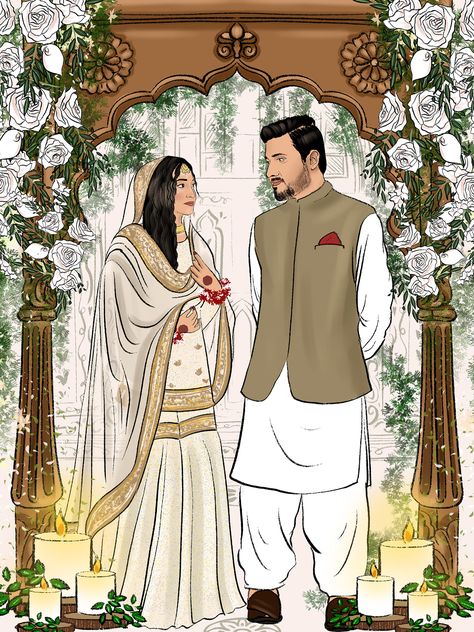 Nikkah Illustration, Nikkah Couple, Islamic Design Graphic, Premium Wedding Invitation, Mehendi Wedding, Couple Illustrations, Wedding Illustration Card, Couple Illustration Wedding, Bride And Groom Cartoon