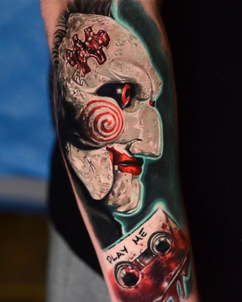 Artist Ben Ochoa Saw Tattoo, Horror Reference, Horror Sleeve, Brand New Tattoos, Lovers Tattoo, State Tattoos, Simpsons Tattoo, Tattoo World, Evil Tattoo