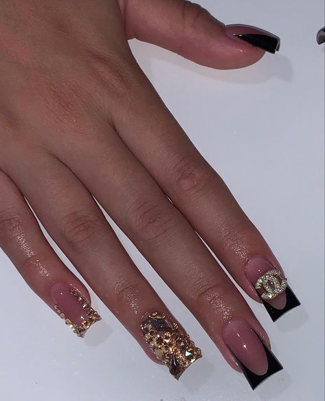 Short Gold Nail Designs, Black Buchona Nails, Short Acrylic Nails Gold, Short Black And Gold Nails, Short Nails Bling, Black French Acrylic Nails, Black French Tip Nails With Rhinestones, Black And Gold Birthday Nails, Black And Gold Acrylics