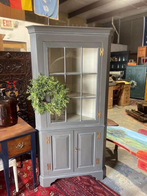 Farmhouse Corner Cabinet, Display, Rustic, Grey and Antique White - Etsy Corner Hutch Makeover, Corner Cabinet Makeover, Farmhouse Corner Cabinet, Hutch Redo, Wood Corner Cabinet, Corner China Cabinet, Cabinet Colours, Corner Hutch, Parisian Bedroom